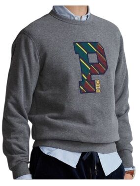 Polo Ralph Lauren GRAY HEATHER Fleece VARSITY LETTERMAN Sweatshirt Men's L